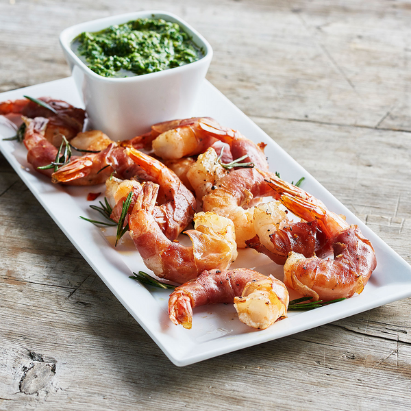 Prosciutto-Wrapped Shrimp with Salsa Verde Dipping Sauce