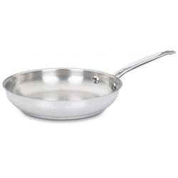 Cuisinart Chef’s Classic Stainless Steel Skillet Works great for scrambled eggs! We have used this pan everyday for the last month and we love it