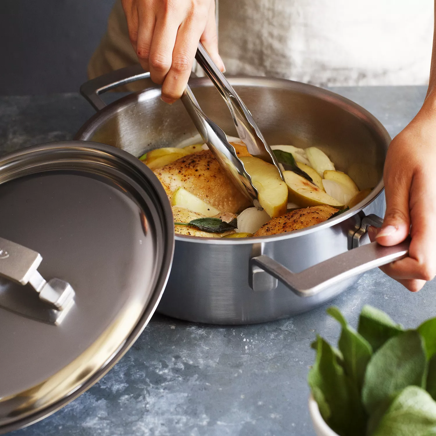 Demeyere Industry5 Stainless Steel Deep Sauté Pan with Double Handle & Lid, 4 Qt.