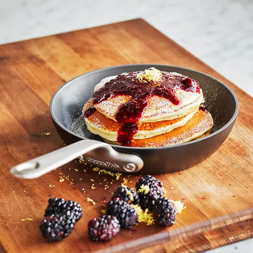 Lemon Ricotta Pancakes with Blackberry Syrup