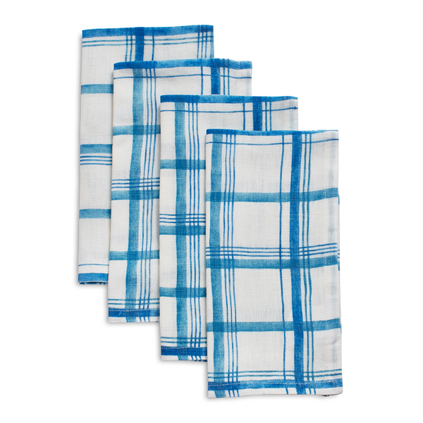 Blue Plaid Linen Napkins, Set of 4