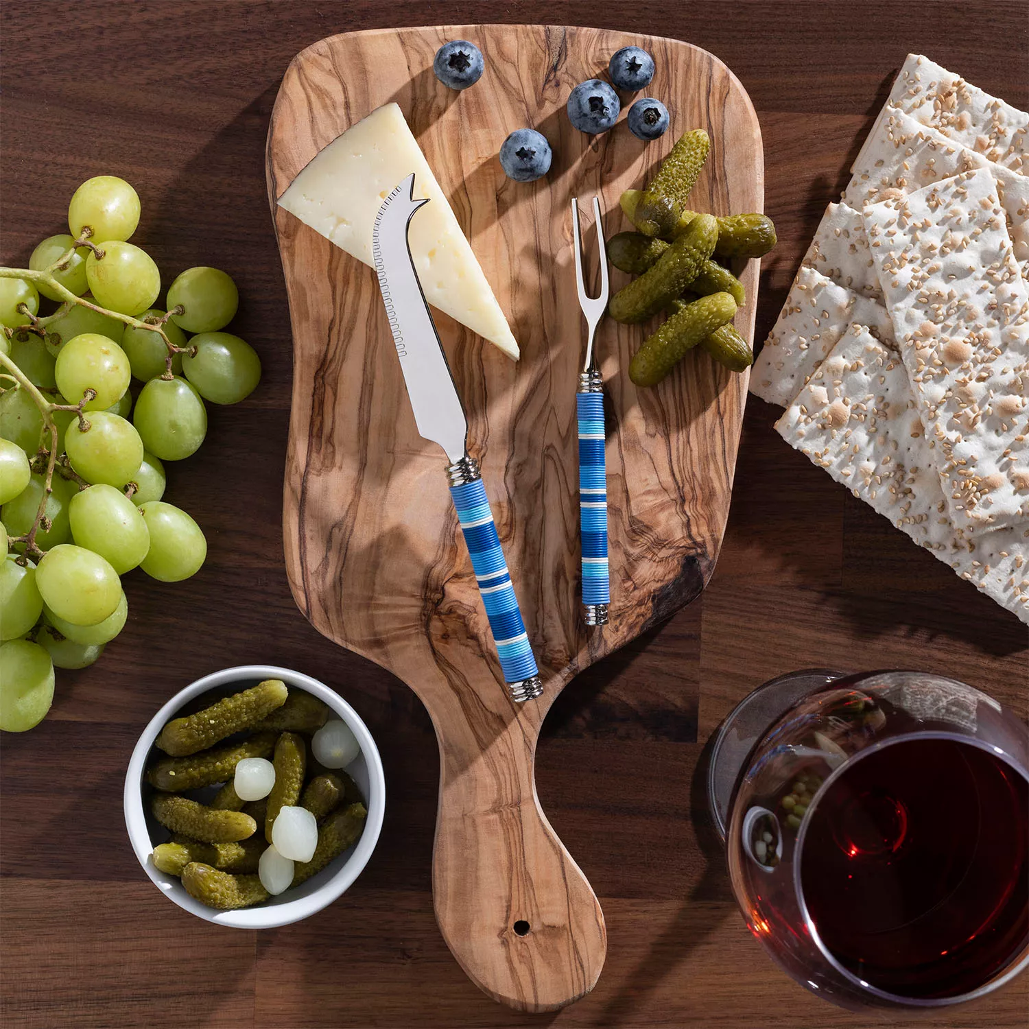 French Home Jubilee Cheese Knife, Fork & Olivewood Board Set