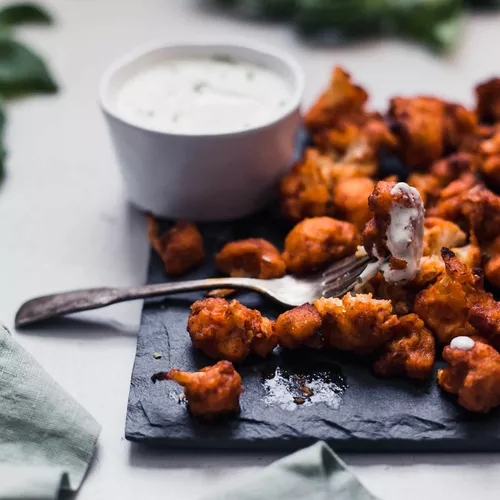 Buffalo Fried Cauliflower with Creamy Blue Cheese Dressing