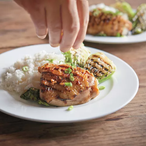 Steam-Grilled Chicken Thighs, Baby Bokchoy and Sesame Seeds