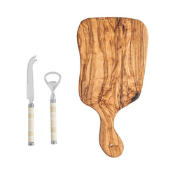 French Home Jubilee Cheese Knife, Bottle Opener & Olivewood Board Set