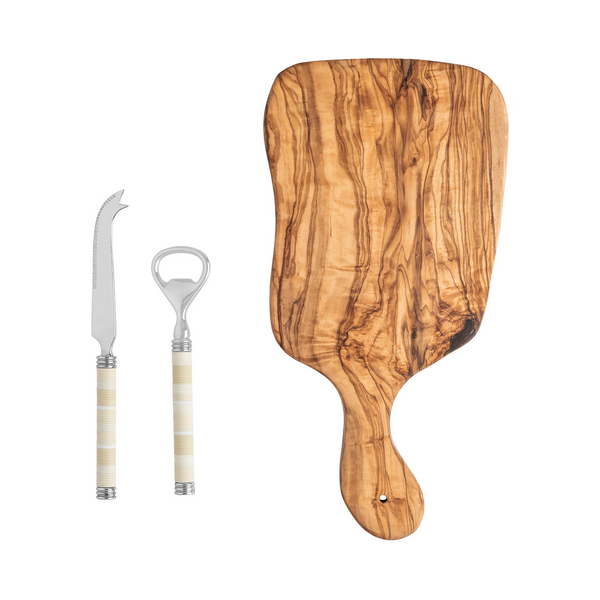 French Home Jubilee Cheese Knife, Bottle Opener & Olivewood Board Set French Home Jubilee Cheese Knife, Bottle Opener & Olivewood Board Set