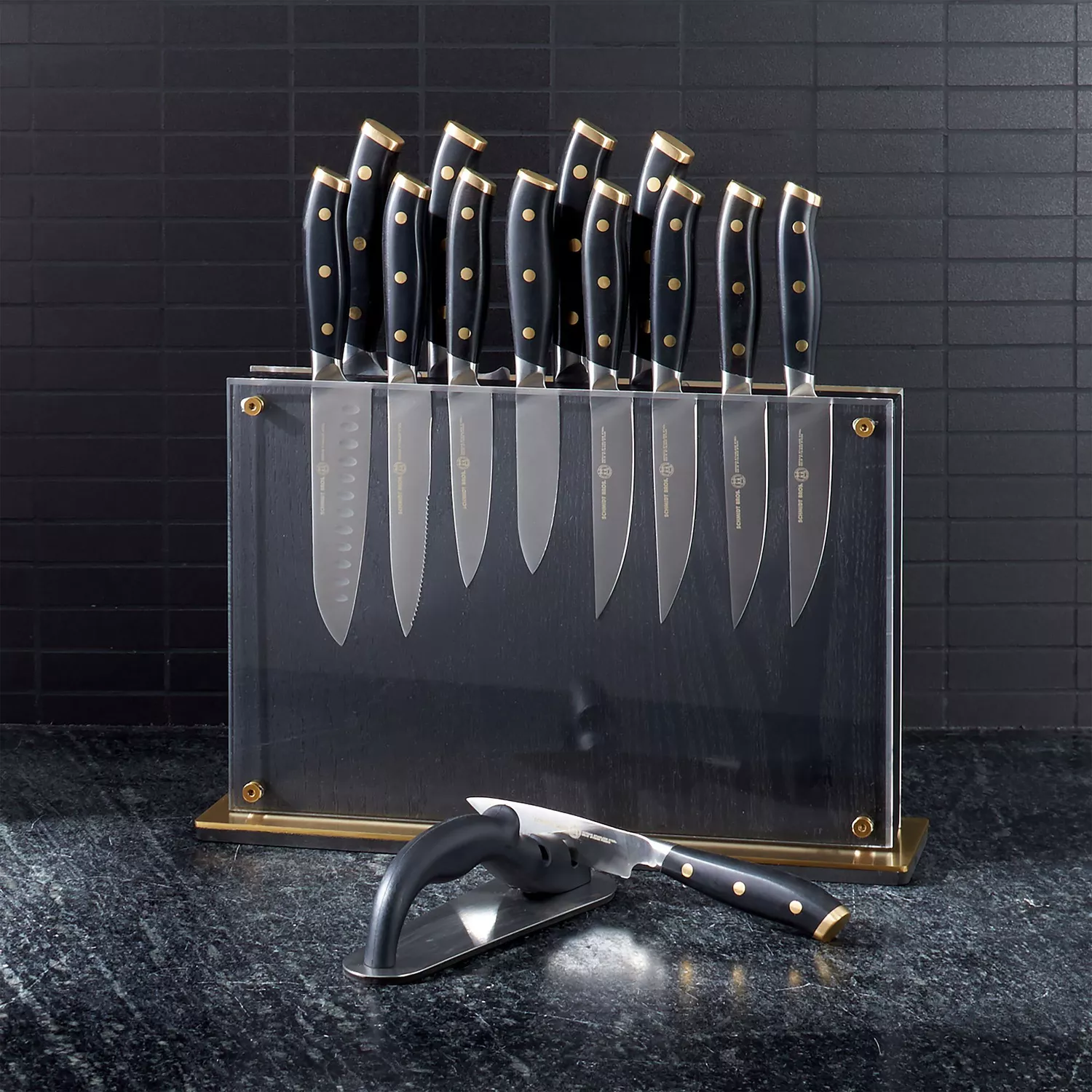 Schmidt Brothers Cutlery Black & Brass, 15-Piece Knife Block Set