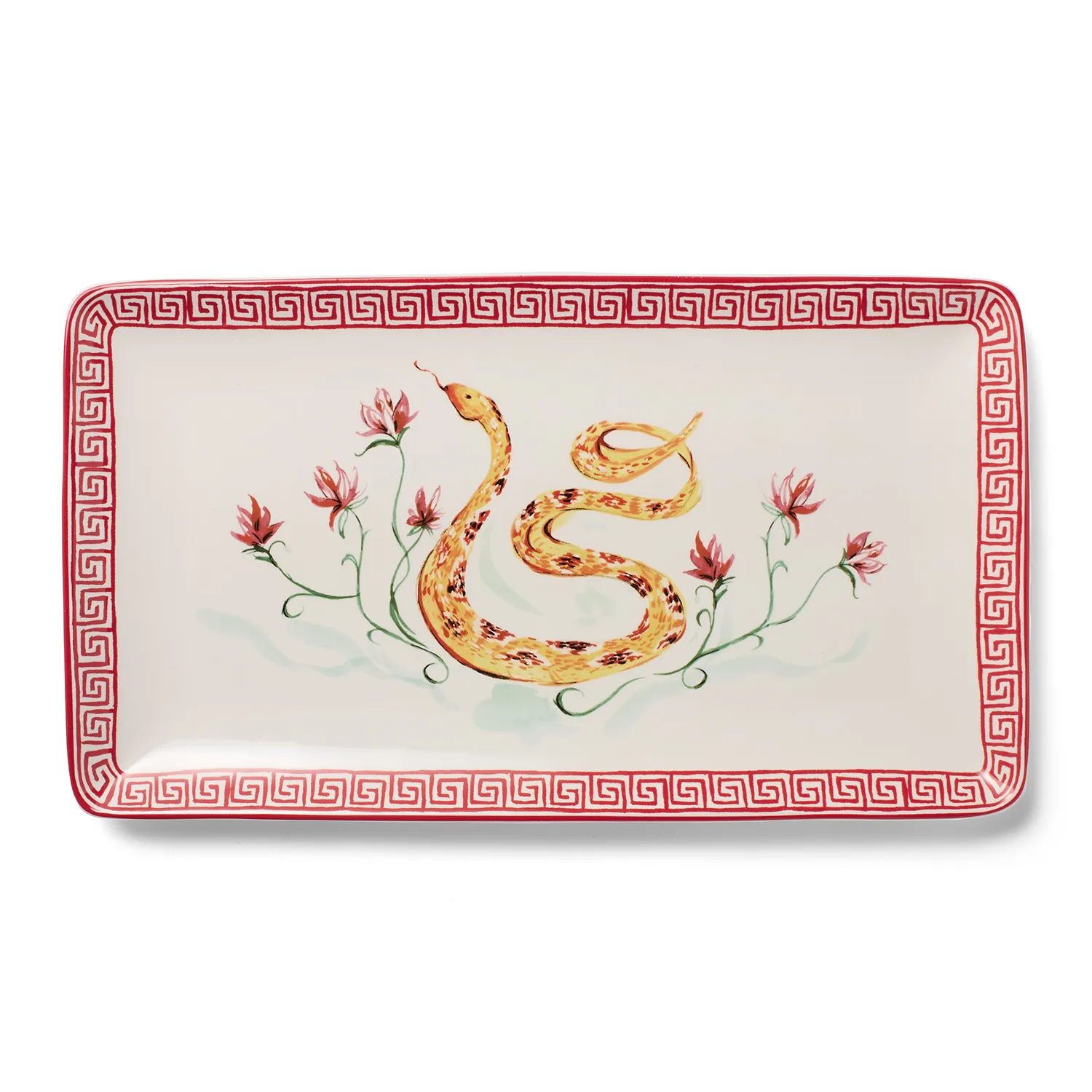 A white rectangle plate with a red border and an orange and red snake and flowers in the middle