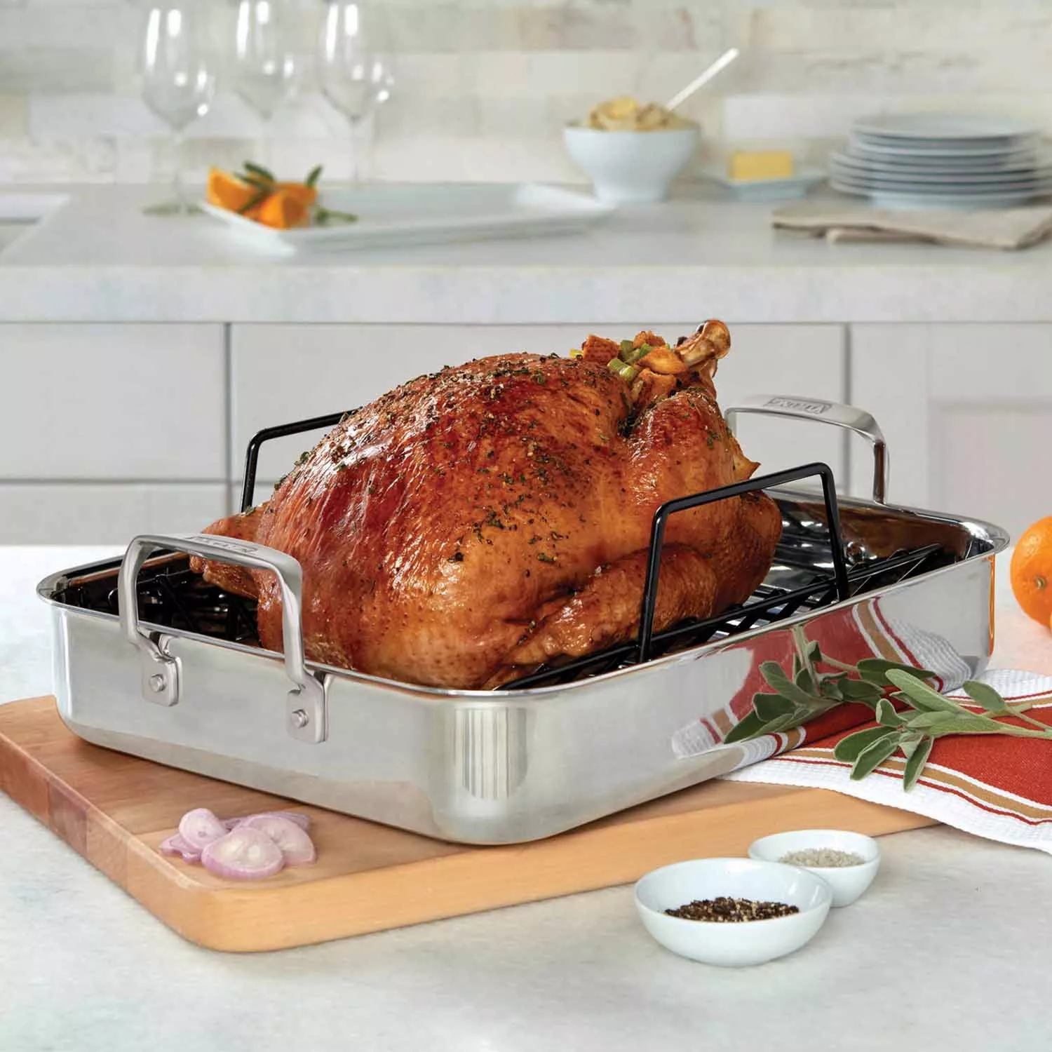 Viking 3-Ply Stainless Steel Roasting Pan with Rack & Thermometer Set