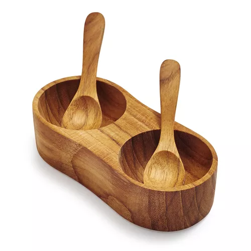 Sur La Table Teak Salt and Pepper Bowl with Spoons