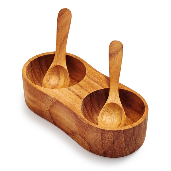 Teak Salt and Pepper Bowl with Spoons