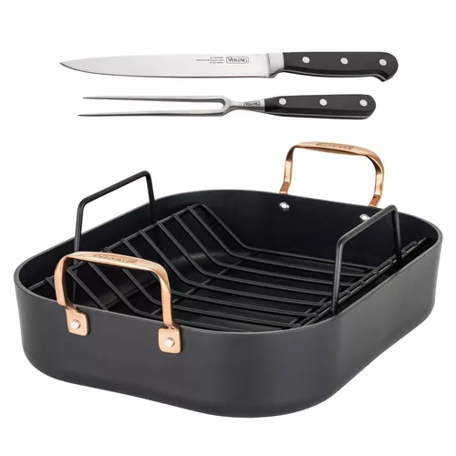 Viking Hard Anodized Roaster with Copper Handles and Bonus Carving Set, 16" x 14"