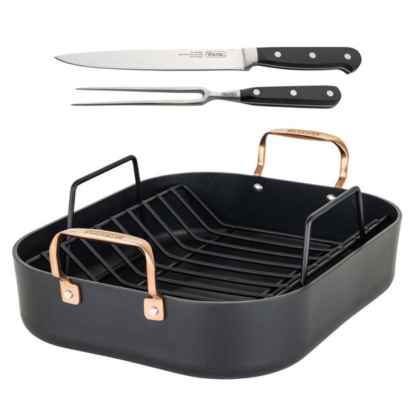 Viking Hard Anodized Roaster with Copper Handles and Bonus Carving Set, 16" x 14"