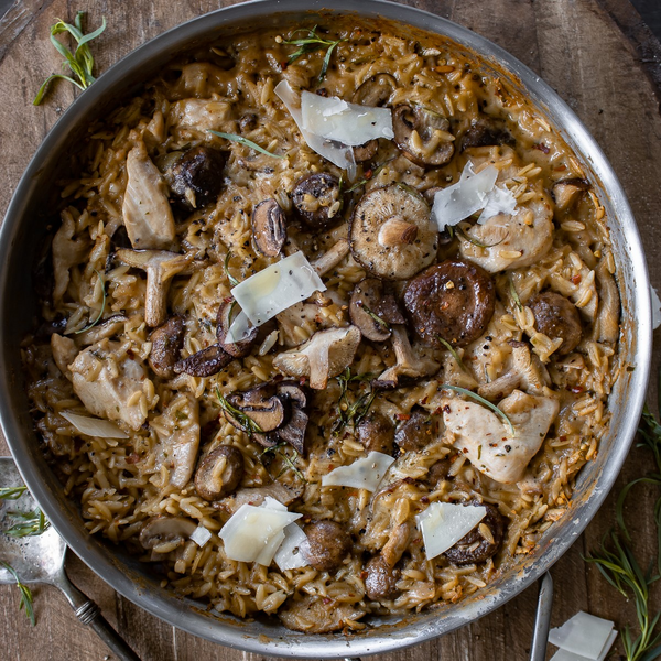 One Skillet Chicken and Mushroom Orzo with Tarragon Sauce