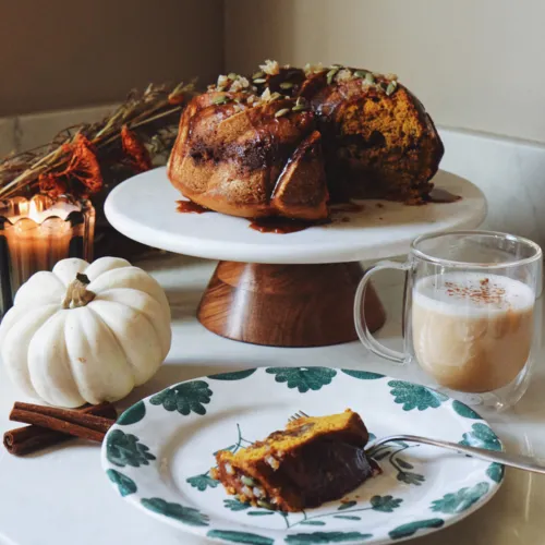 Pumpkin Pecan Coffee Cake with Salted Caramel Drizzle