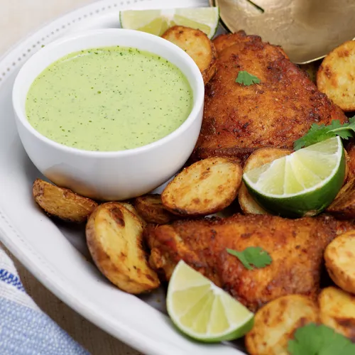 Peruvian Roast Chicken with Crispy Potatoes & Aji Verde