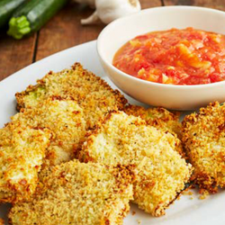 Crispy Zucchini Chips with Roasted Tomato Dipping Sauce