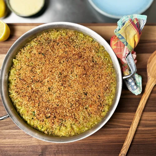 Green Mac & Cheese with Italian Sausage, Broccoli Rabe & Lemon-herb Crumbs
