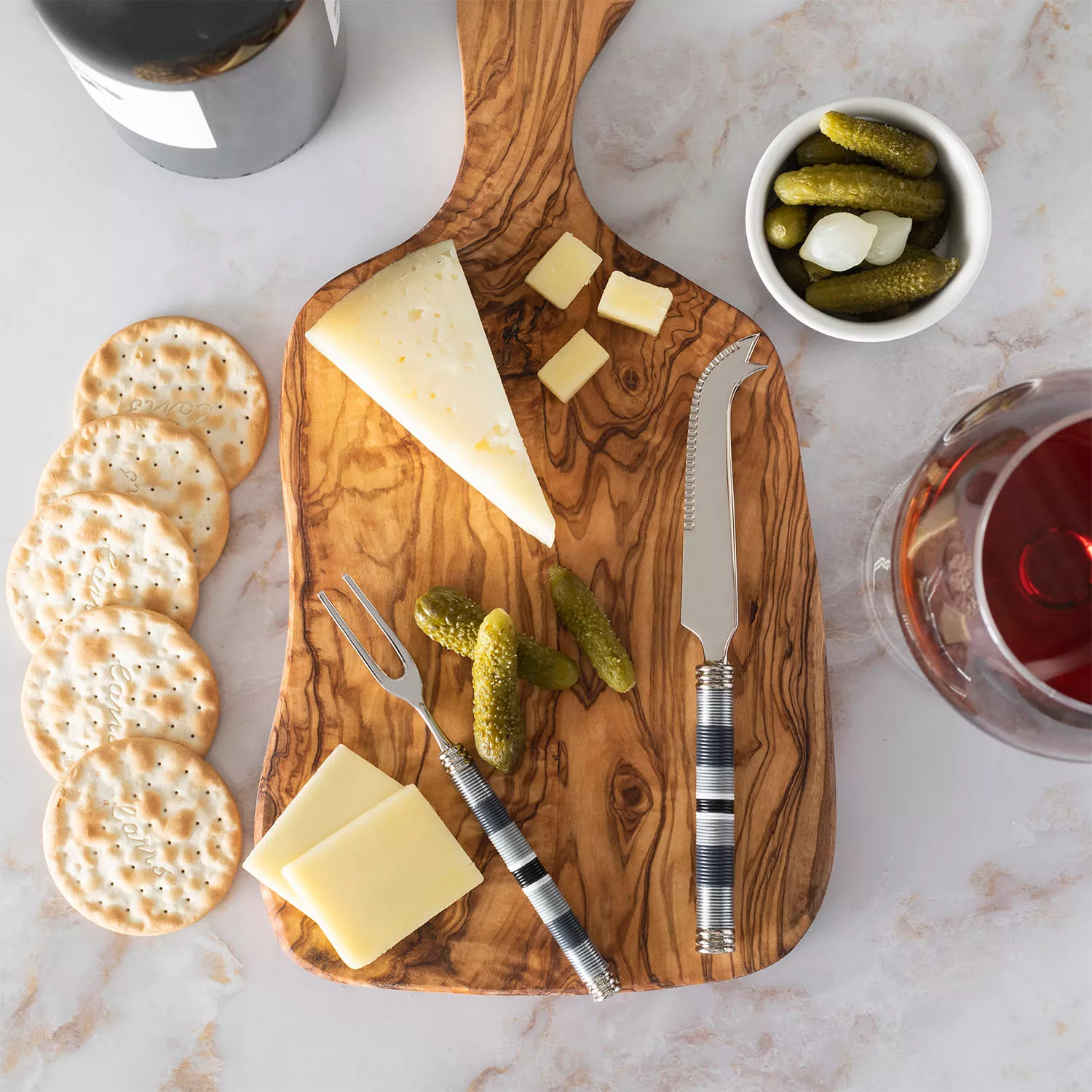 French Home Jubilee Cheese Knife, Fork & Olivewood Board Set