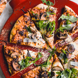 Three-Cheese Pizza with Caramelized Mushrooms &#38; Greens