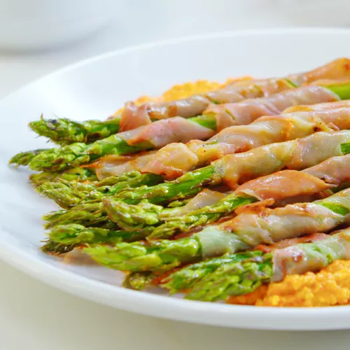 Serrano Wrapped Grilled Asparagus with Romesco Sauce
