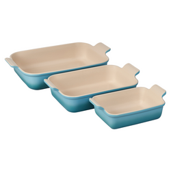 Le Creuset Heritage Stoneware 3-Piece Rectangular Baker Set Gave this stoneware to a friend as a gift after I purchased these for myself a year ago