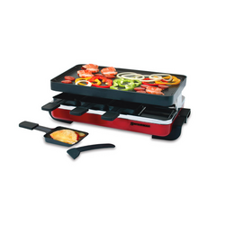 Swissmar Classic Raclette Party Grill with Reversible Grill Plate Grilled steak and chicken on topAnd melted cheese on top of potatoes under the grillAdded red onions, peppers, olives, pickles,?