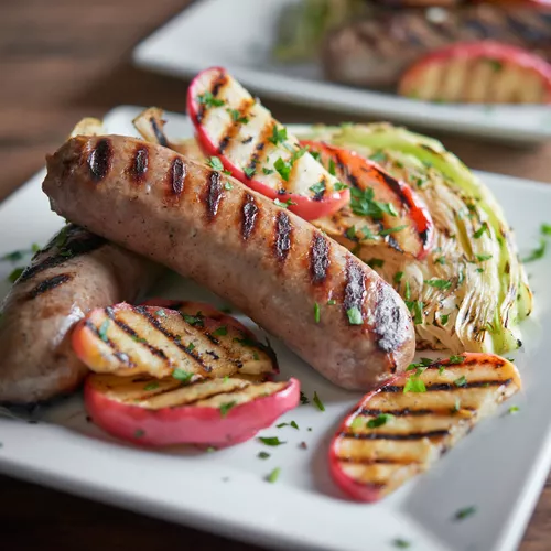 Steam-Grilled Fennel Bratwurst, Cabbage and Apple