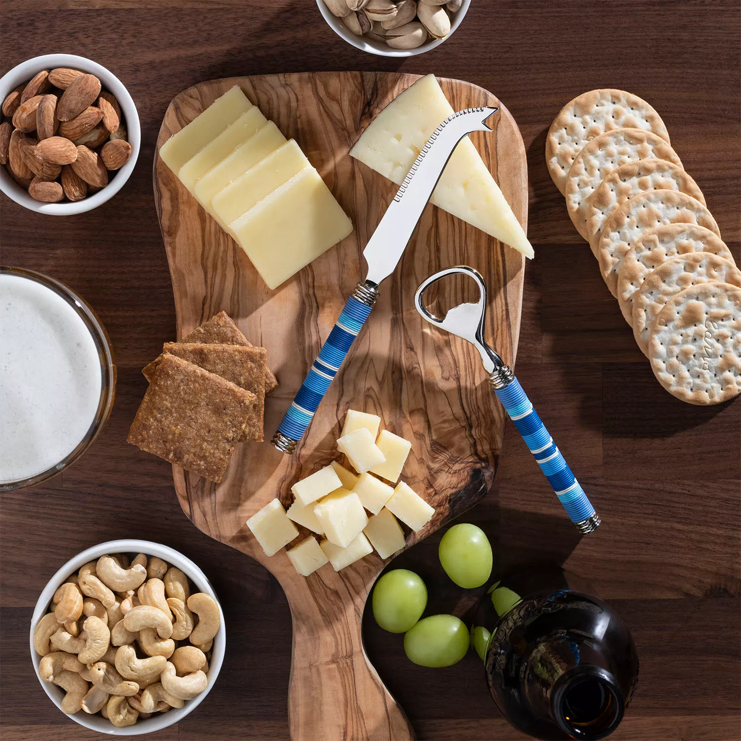 French Home Jubilee Cheese Knife, Bottle Opener & Olivewood Board Set