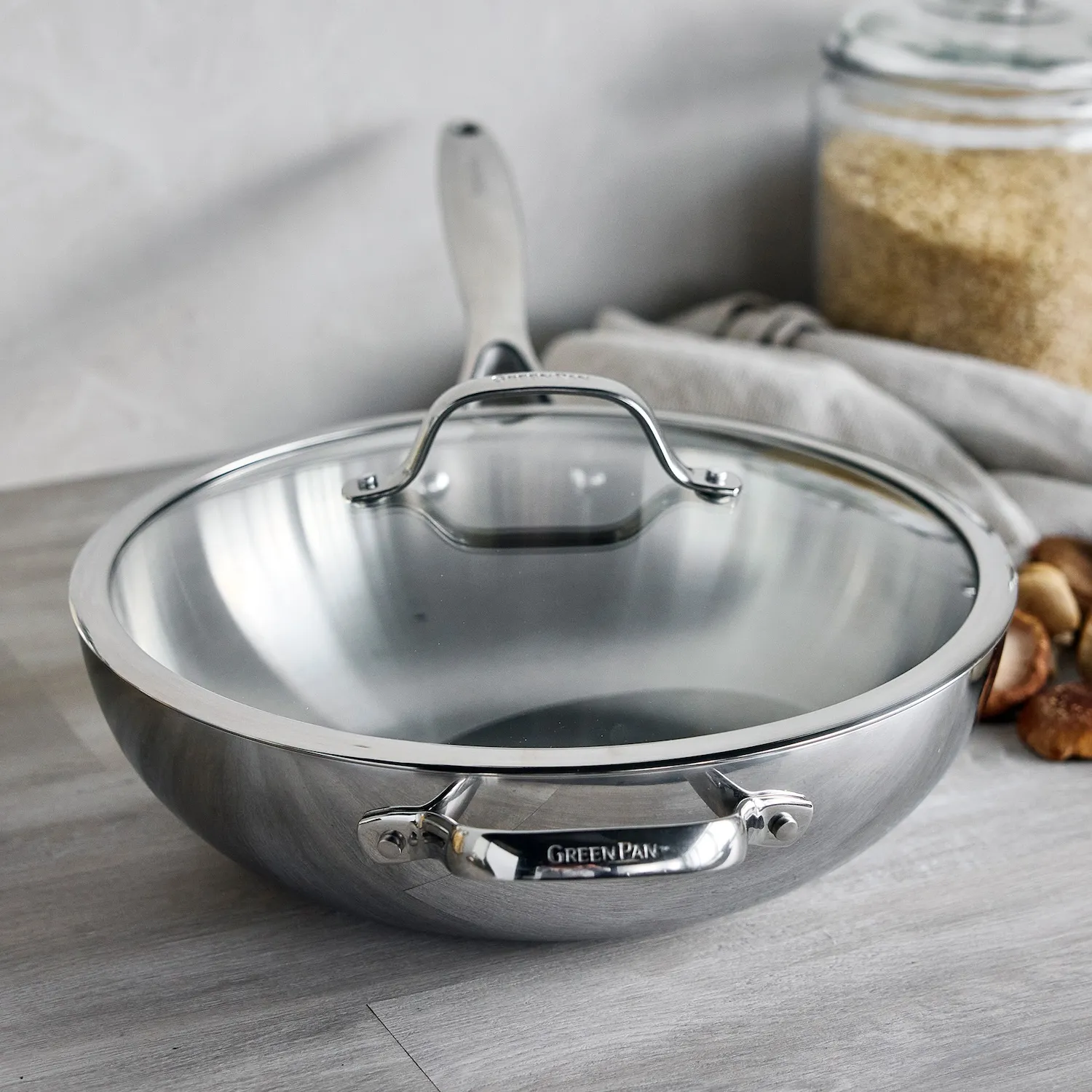 GreenPan Valencia Pro 3-Ply Stainless Steel Wok with Lid, 12" 