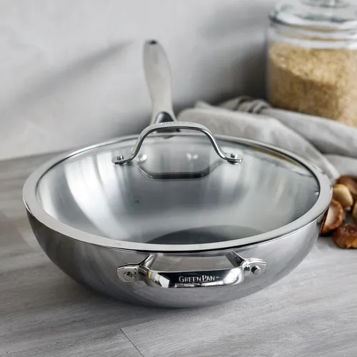 GreenPan Valencia Pro 3-Ply Stainless Steel Wok with Lid, 12" 