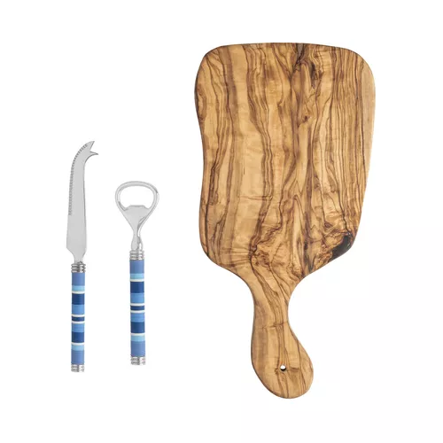 French Home Jubilee Cheese Knife, Bottle Opener & Olivewood Board Set