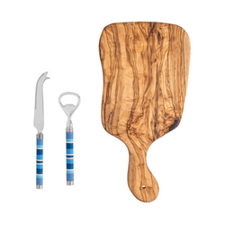 French Home Jubilee Cheese Knife, Bottle Opener & Olivewood Board Set