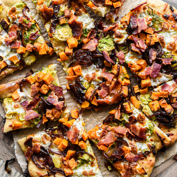 Fall Pizza with Sweet Potatoes, Brussels Sprouts, Onion and Bacon