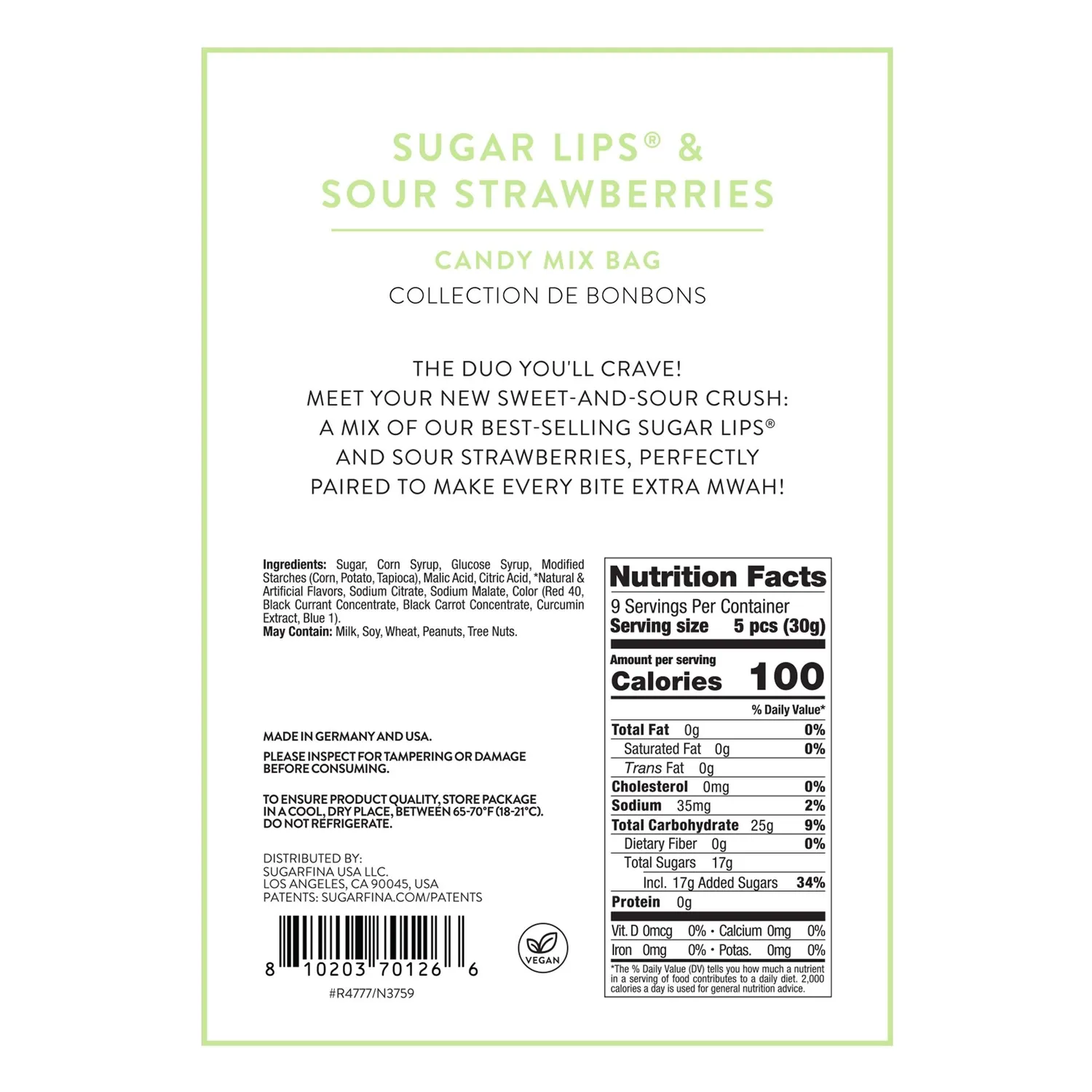 Sugarfina Sugar Lips & Sour Strawberries Candy Mixed Bag Duo