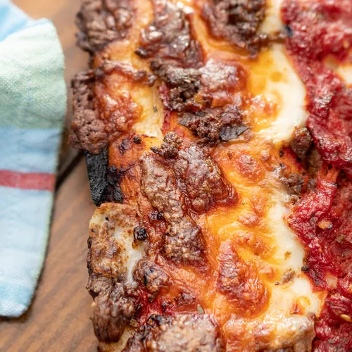 Detroit-Style Goat Sausage Pizza