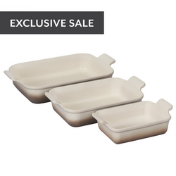Le Creuset Heritage Stoneware Rectangular Bakers, Set of 3 These rectangular bakers are just the right size for dinner for two or a casserole for many