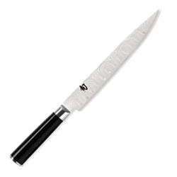 Shun Classic Hollow–Edge Slicer, 9" It is very sharp, long, balanced, and narrow with dimples, so that the meat slices do not stick to it