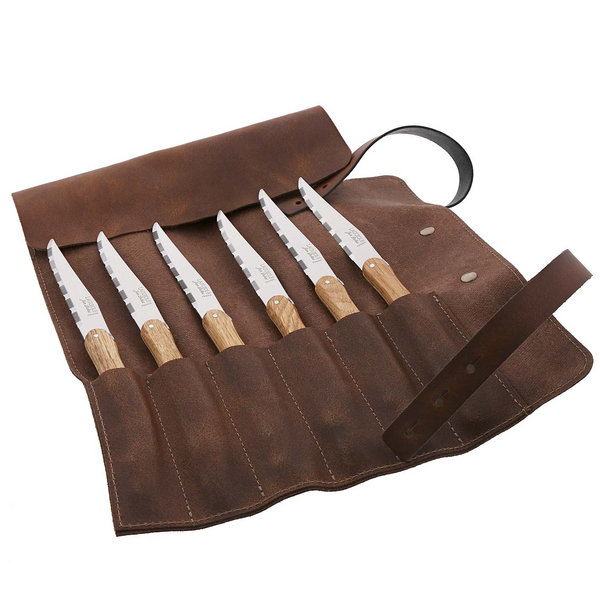 Dubost Laguiole Olivewood Steak Knives with Leather Bag, Set of 6