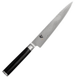 Shun Utility Knife, 6" Now they all regard it as their favorite too!  Versatile and light, best vegetable knife for slicing cleanly and as thinly as you want, great for trimming meat and halving steaks length-wise, I take it with me when we rent vacation houses!