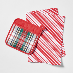 Sur La Table Snowy Village Plaid Potholder & Towel Set
