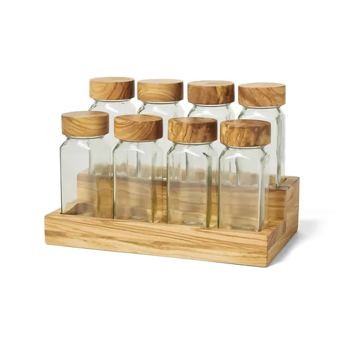 Sur La Table Olivewood Spice Rack & Jars