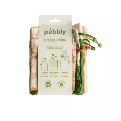 Pebbly Organic Cotton Produce Bags, Set of 3