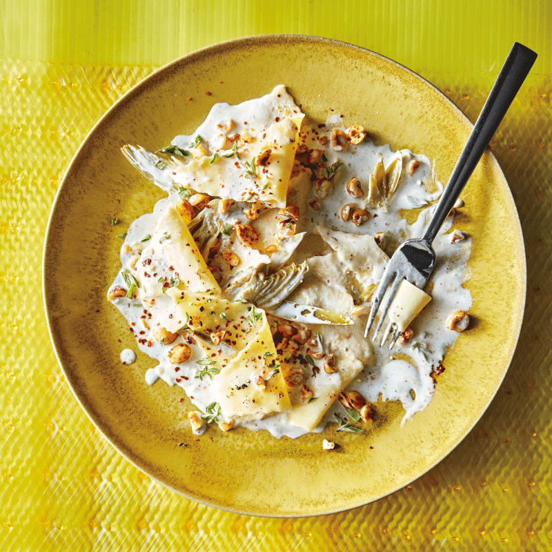 Pasta with Baby Artichokes, Mascarpone, and Hazelnuts from Bon App&#233;tit