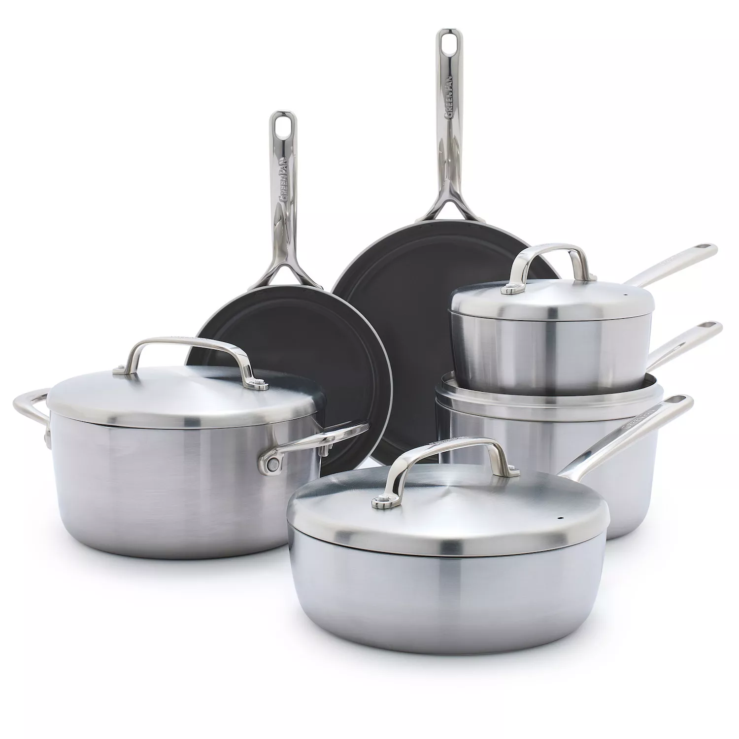 GreenPan Craft Steel 10-Piece Cookware Set with Bonus Pan Protectors, Silver